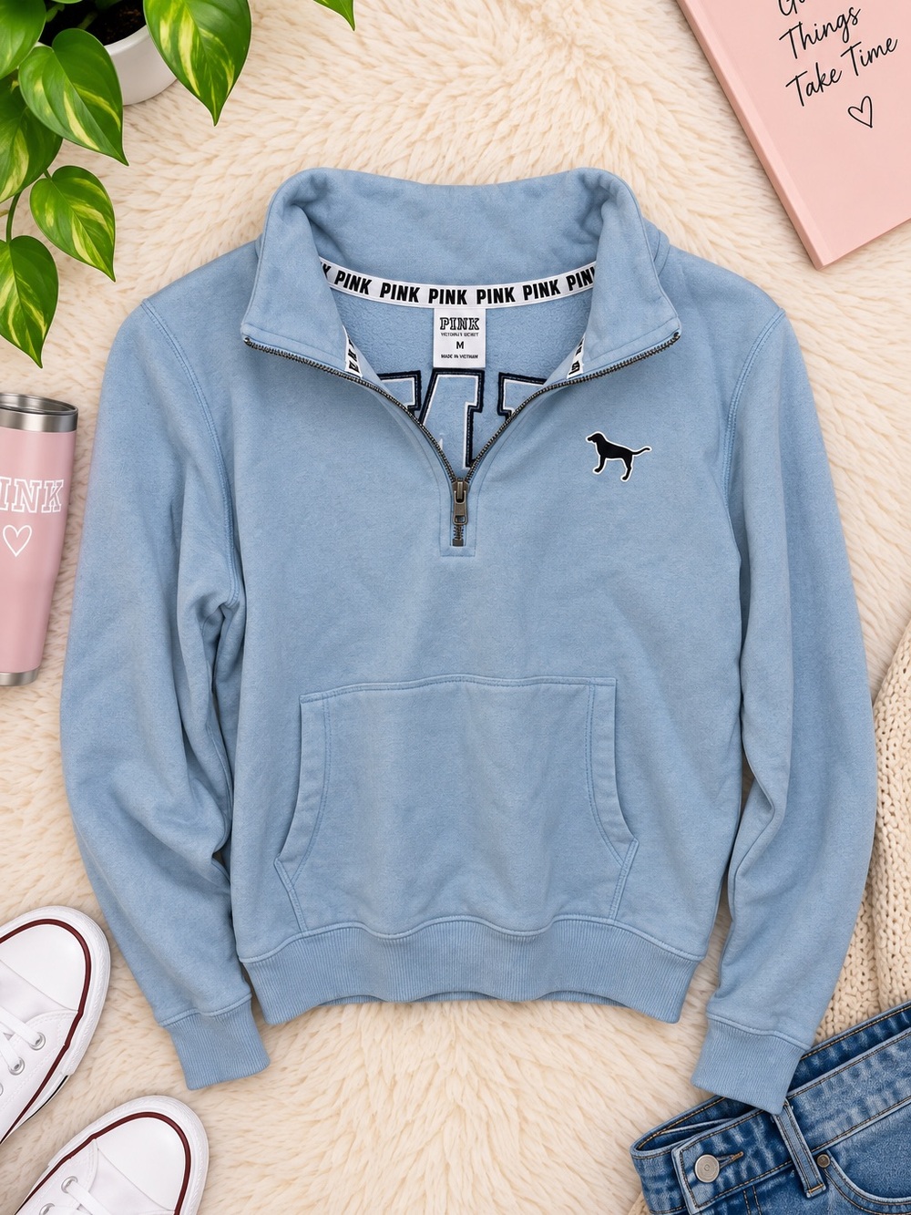 Victoria’s Secret PINK Blue Quarter Zip Pullover Sweatshirt Dog Logo Size M